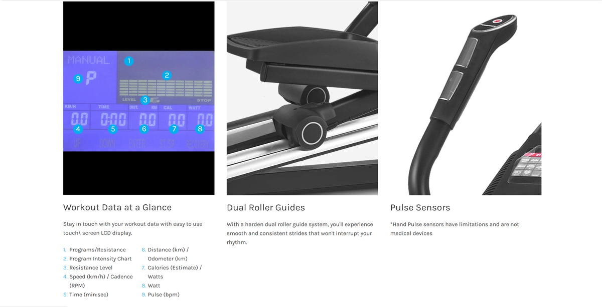 Elliptical features: display, rollers, pulse sensors